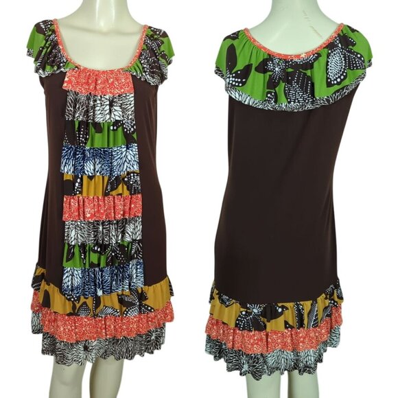 Uncle Frank Multicolor Ruffle Cap Sleeve ruffled tiered front bohemian dress M - Picture 1 of 16